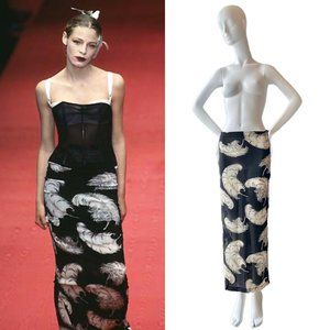 DOLCE & GABBANA 1997 runway vintage black maxi skirt silk 90's feather print